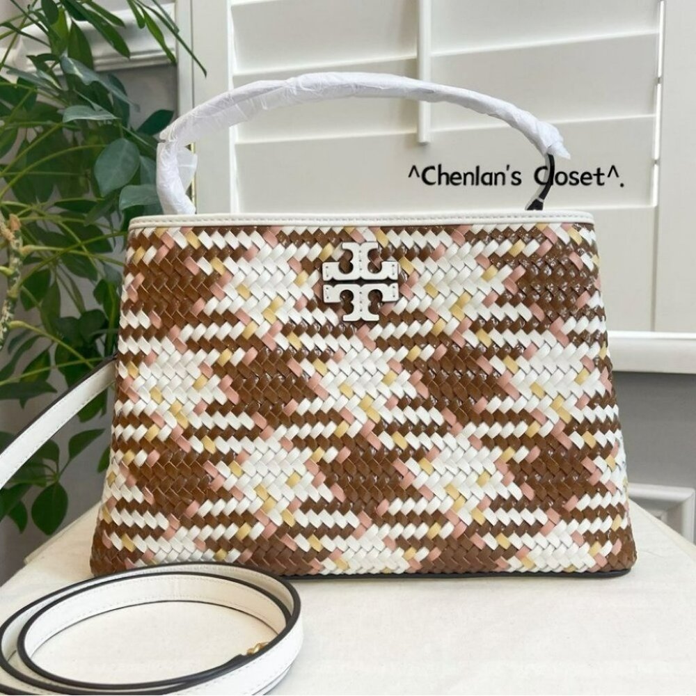 Tory Burch Britten Woven Satchel in Brown and Cream - Picture 2 of 15
